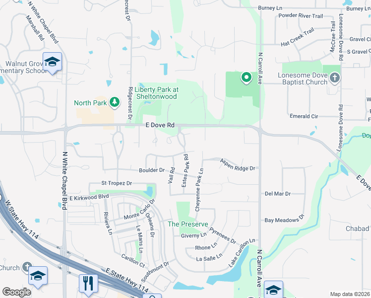 map of restaurants, bars, coffee shops, grocery stores, and more near 2113 Estes Park Drive in Southlake