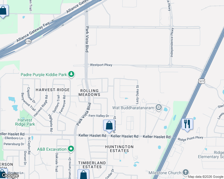map of restaurants, bars, coffee shops, grocery stores, and more near 13149 Upland Meadow Court in Fort Worth