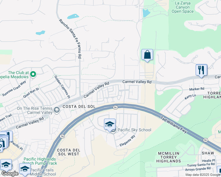 map of restaurants, bars, coffee shops, grocery stores, and more near Dondero Place in San Diego