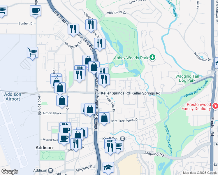 map of restaurants, bars, coffee shops, grocery stores, and more near 15820 Knoll Trail Drive in Dallas