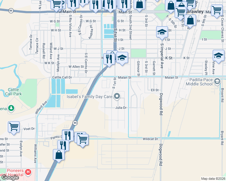 map of restaurants, bars, coffee shops, grocery stores, and more near South 1st Street in Brawley