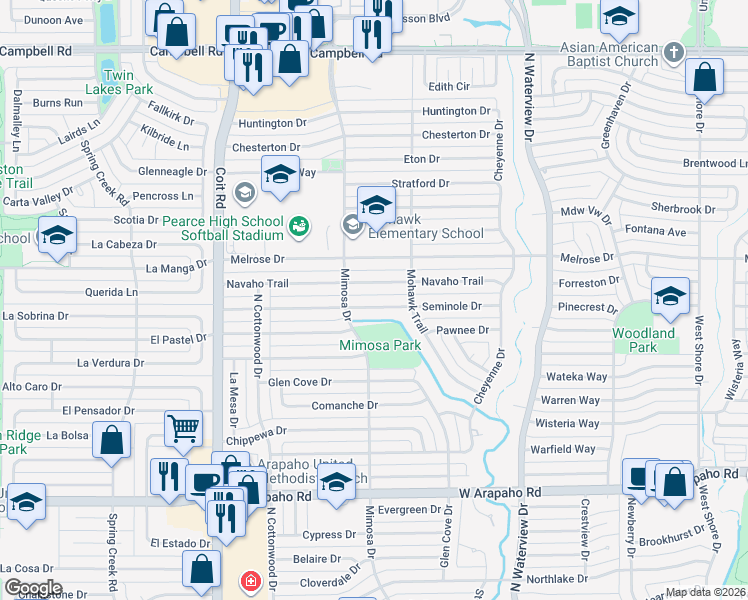 map of restaurants, bars, coffee shops, grocery stores, and more near 1235 Seminole Drive in Richardson