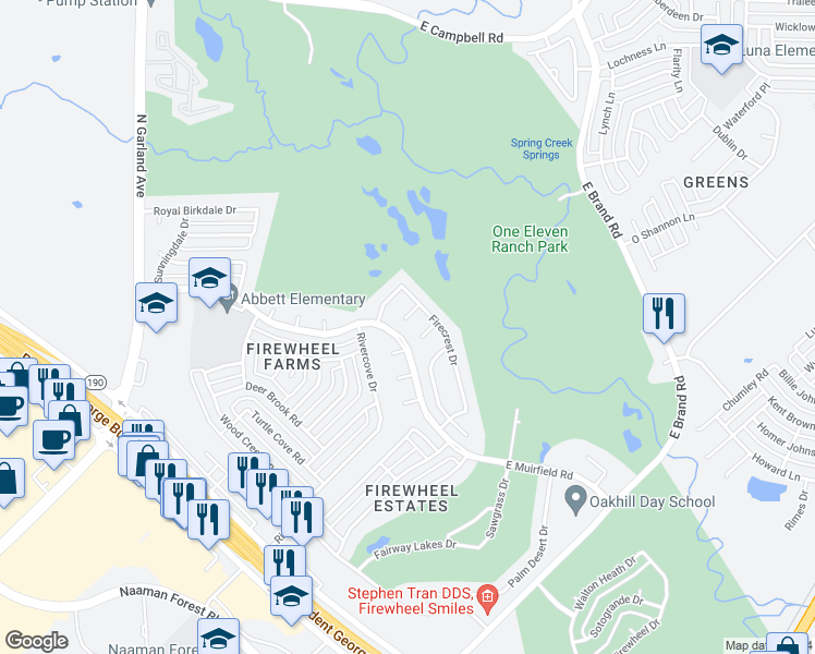 map of restaurants, bars, coffee shops, grocery stores, and more near 114 Lake Forest Court in Garland