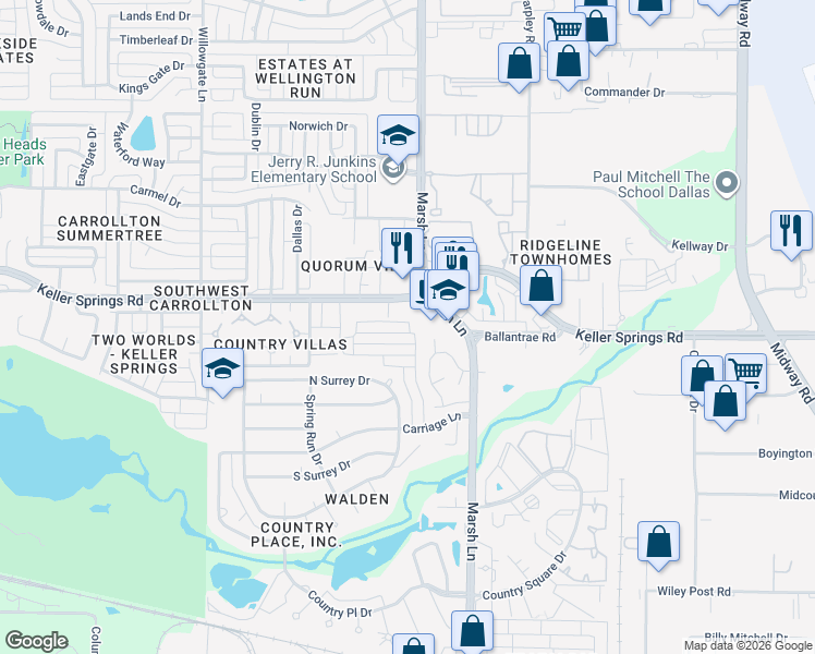 map of restaurants, bars, coffee shops, grocery stores, and more near 2840 Keller Springs Road in Carrollton