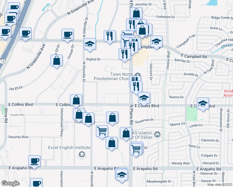 map of restaurants, bars, coffee shops, grocery stores, and more near 1301 East Collins Boulevard in Richardson