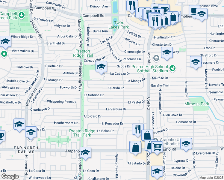 map of restaurants, bars, coffee shops, grocery stores, and more near 7732 La Manga Drive in Dallas