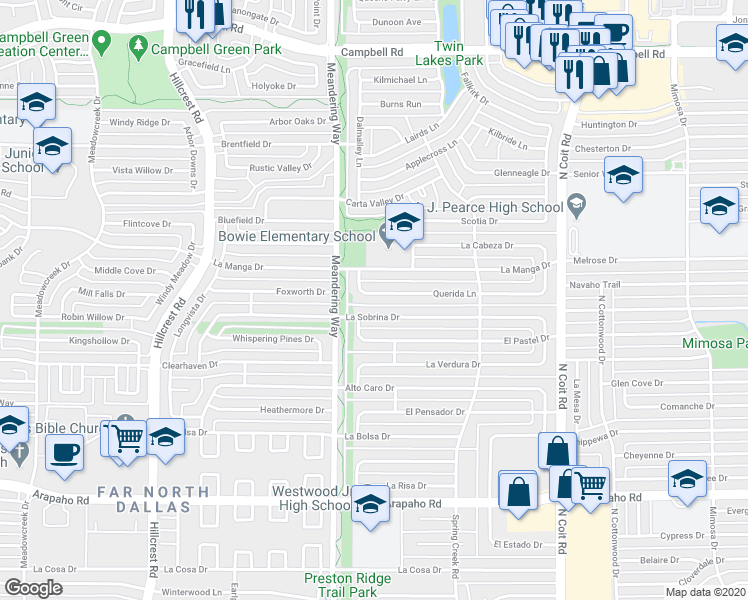 map of restaurants, bars, coffee shops, grocery stores, and more near 7640 Querida Lane in Dallas