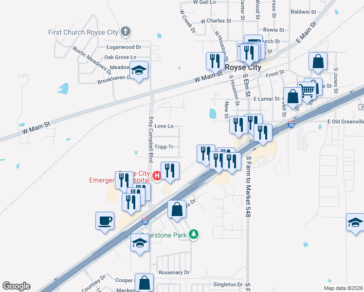 map of restaurants, bars, coffee shops, grocery stores, and more near 516 McKamy Boulevard in Royse City