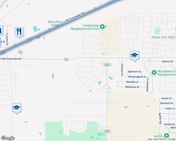 map of restaurants, bars, coffee shops, grocery stores, and more near 109 Gardenia Drive in Royse City