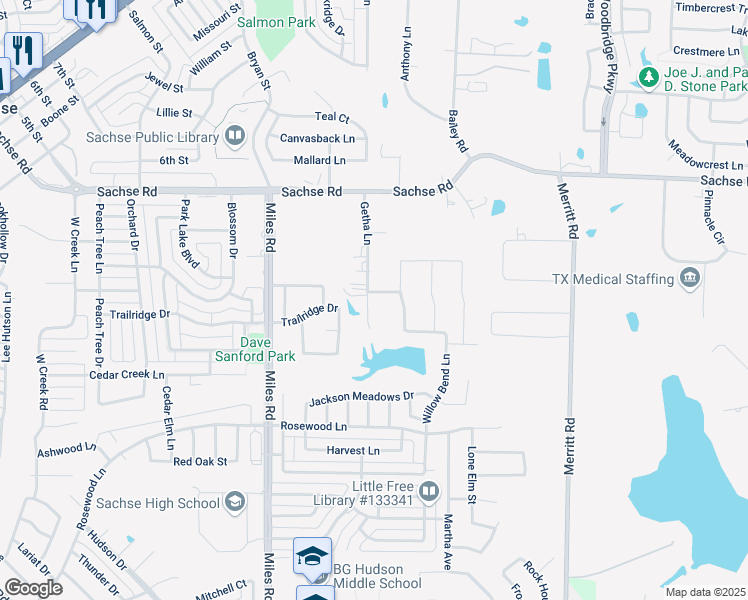 map of restaurants, bars, coffee shops, grocery stores, and more near 5102 Getha Lane in Sachse