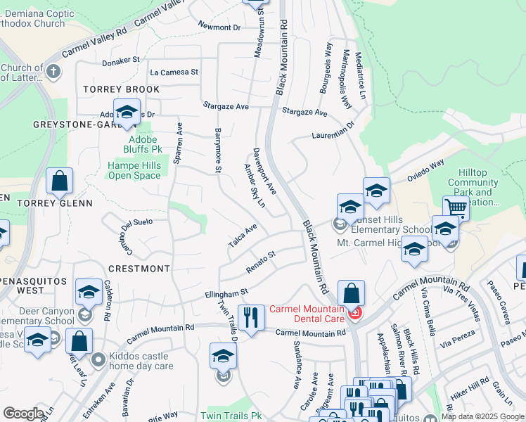 map of restaurants, bars, coffee shops, grocery stores, and more near 13874 Amber Sky Lane in San Diego