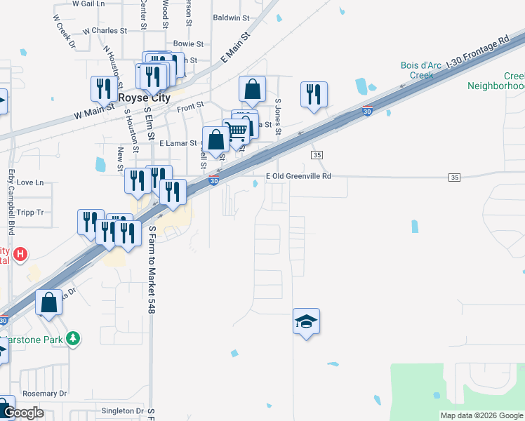 map of restaurants, bars, coffee shops, grocery stores, and more near 601 East Old Greenville Road in Royse City