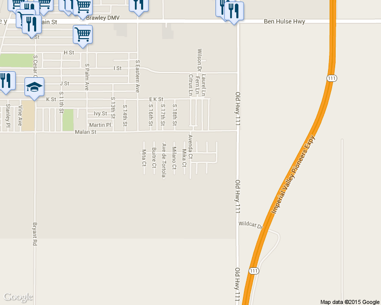 map of restaurants, bars, coffee shops, grocery stores, and more near Avenda Ct in Brawley