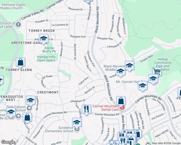 map of restaurants, bars, coffee shops, grocery stores, and more near 13874 Amber Sky Lane in San Diego