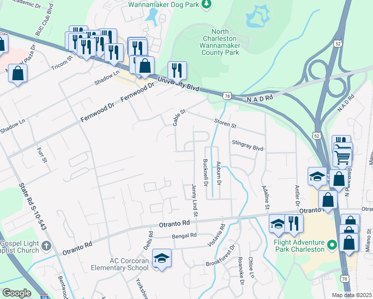 map of restaurants, bars, coffee shops, grocery stores, and more near 2400 Paladin Lane in Charleston