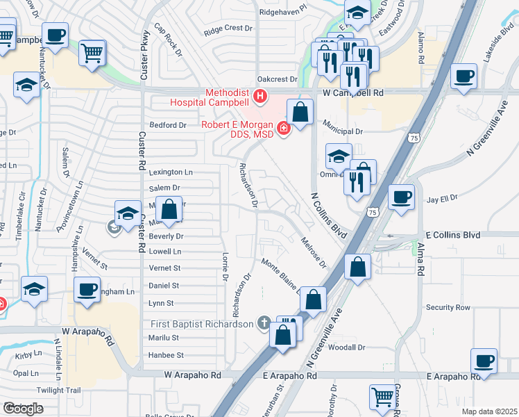map of restaurants, bars, coffee shops, grocery stores, and more near 1493 Richardson Drive in Richardson
