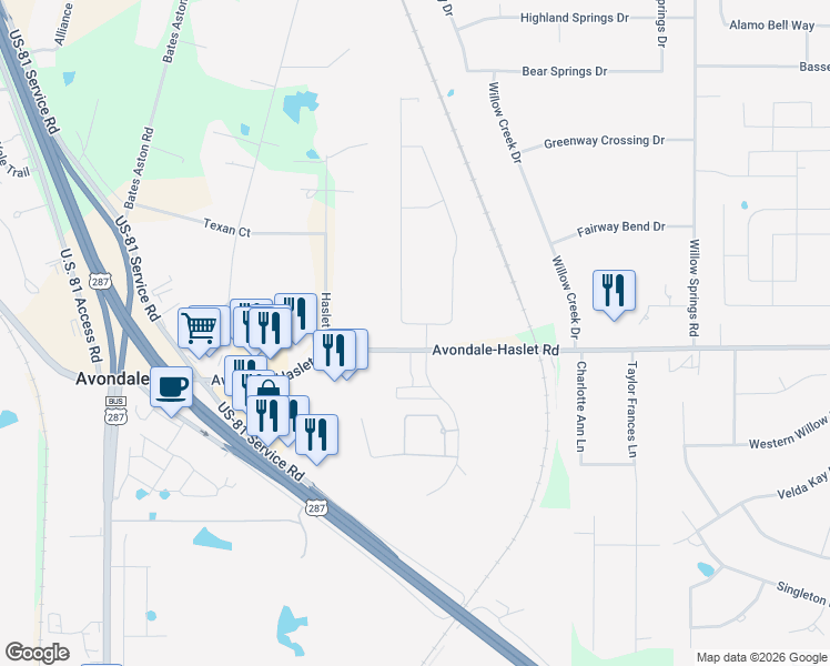 map of restaurants, bars, coffee shops, grocery stores, and more near 13301 Hickory Creek Drive in Haslet