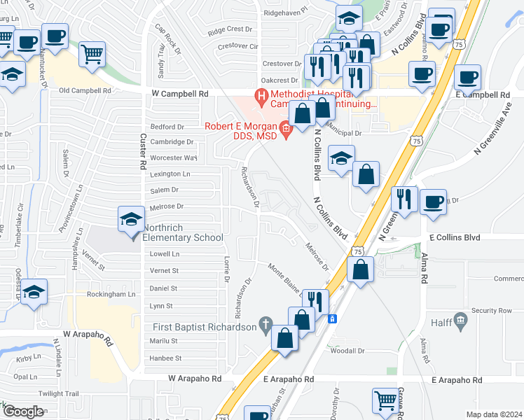 map of restaurants, bars, coffee shops, grocery stores, and more near 1493 Richardson Drive in Richardson