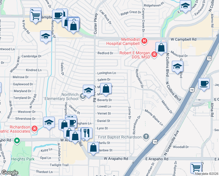 map of restaurants, bars, coffee shops, grocery stores, and more near 426 Melrose Drive in Richardson