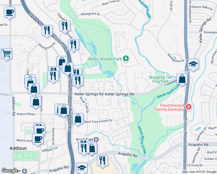 map of restaurants, bars, coffee shops, grocery stores, and more near 5353 Keller Springs Road in Dallas