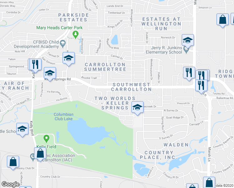 map of restaurants, bars, coffee shops, grocery stores, and more near 2617 Via Cordova in Carrollton