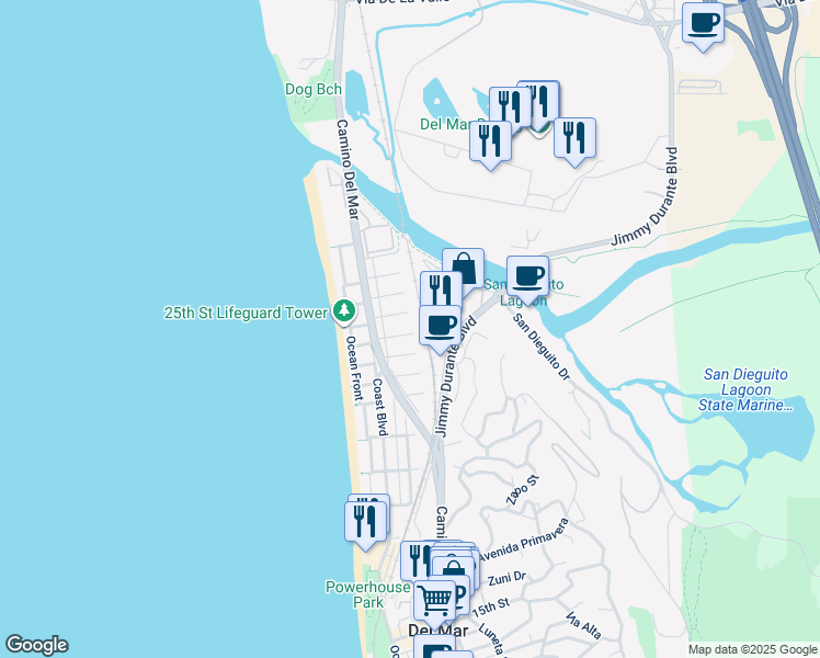map of restaurants, bars, coffee shops, grocery stores, and more near 264 24th Street in Del Mar