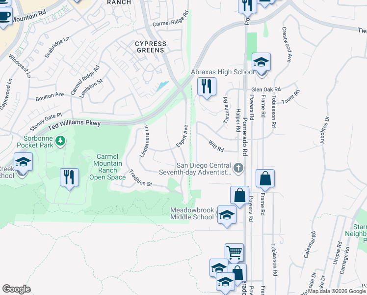 map of restaurants, bars, coffee shops, grocery stores, and more near 13695 Essence Road in San Diego