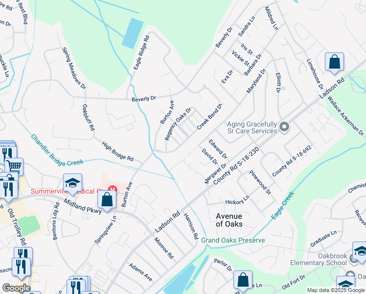 map of restaurants, bars, coffee shops, grocery stores, and more near 44 Creek Bend Drive in Summerville