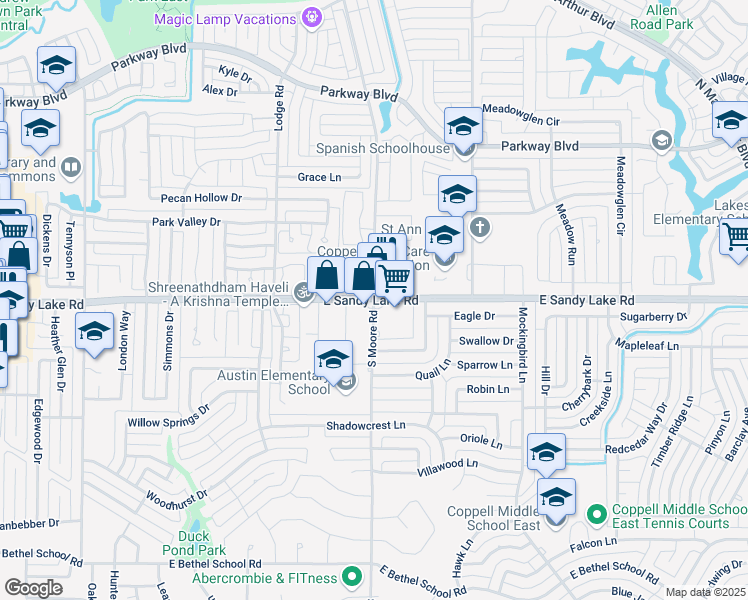 map of restaurants, bars, coffee shops, grocery stores, and more near E Sandy Lake Rd & N Moore Rd in Coppell