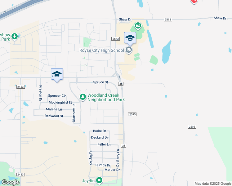 map of restaurants, bars, coffee shops, grocery stores, and more near 3424 Spruce Street in Royse City