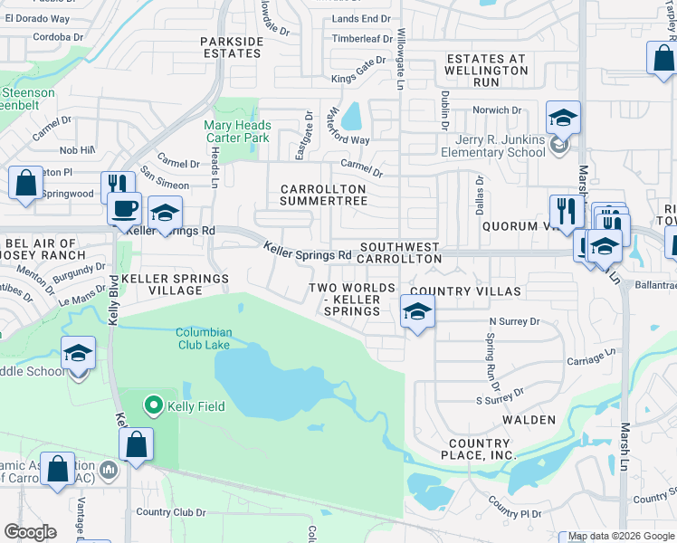 map of restaurants, bars, coffee shops, grocery stores, and more near 2617 Via Cordova in Carrollton