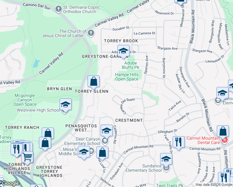 map of restaurants, bars, coffee shops, grocery stores, and more near 13848 Clatsop Way in San Diego
