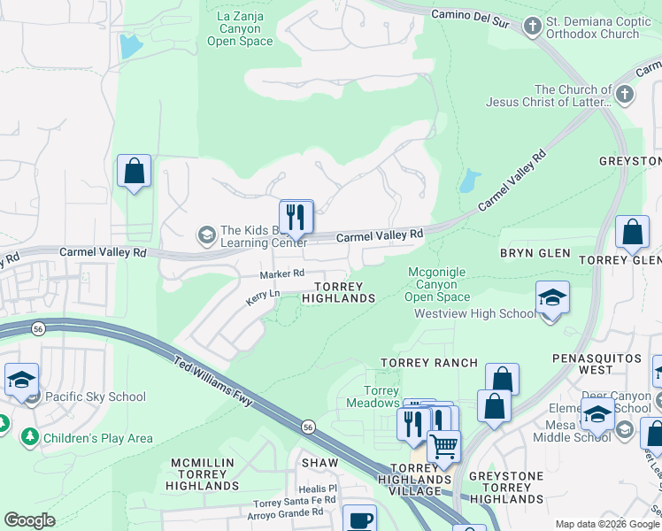 map of restaurants, bars, coffee shops, grocery stores, and more near 13899 Carmel Valley Road in San Diego