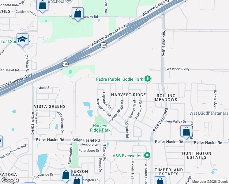 map of restaurants, bars, coffee shops, grocery stores, and more near 13265 Harvest Ridge Road in Fort Worth