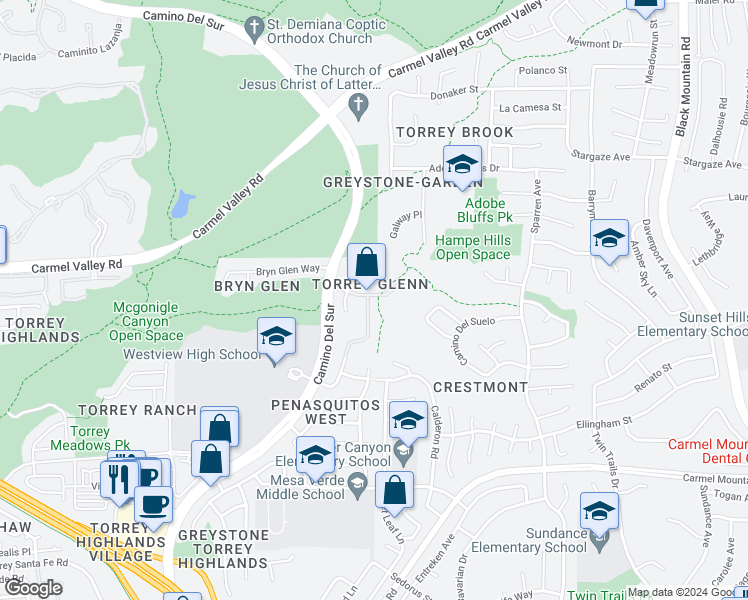 map of restaurants, bars, coffee shops, grocery stores, and more near 13819 Torrey Glenn Road in San Diego