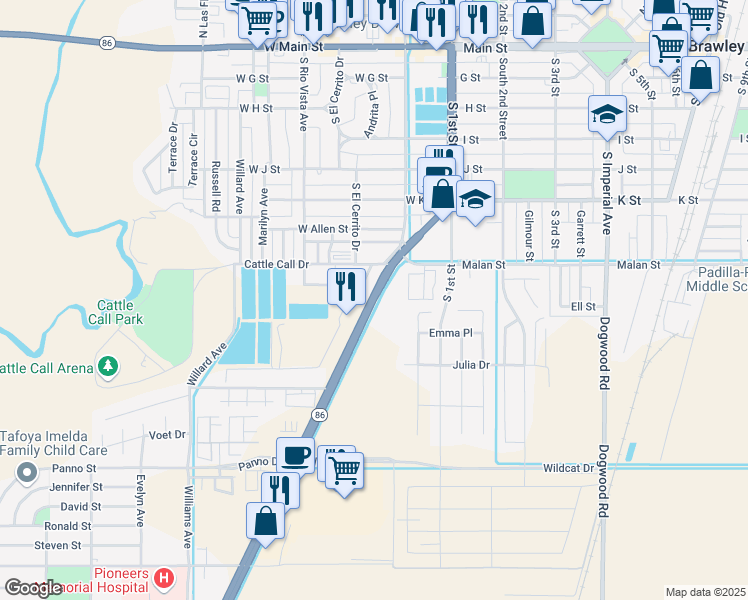 map of restaurants, bars, coffee shops, grocery stores, and more near South Brawley Avenue in Brawley