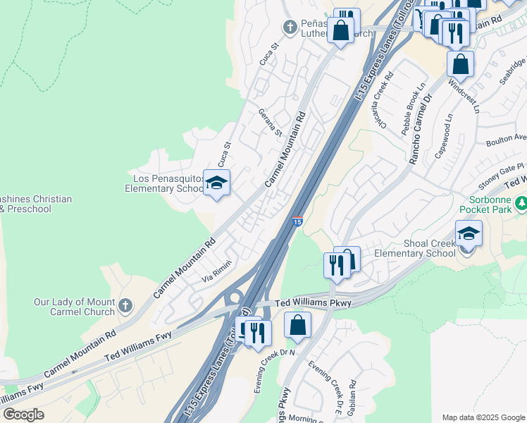 map of restaurants, bars, coffee shops, grocery stores, and more near 10709 Audrey Way in San Diego