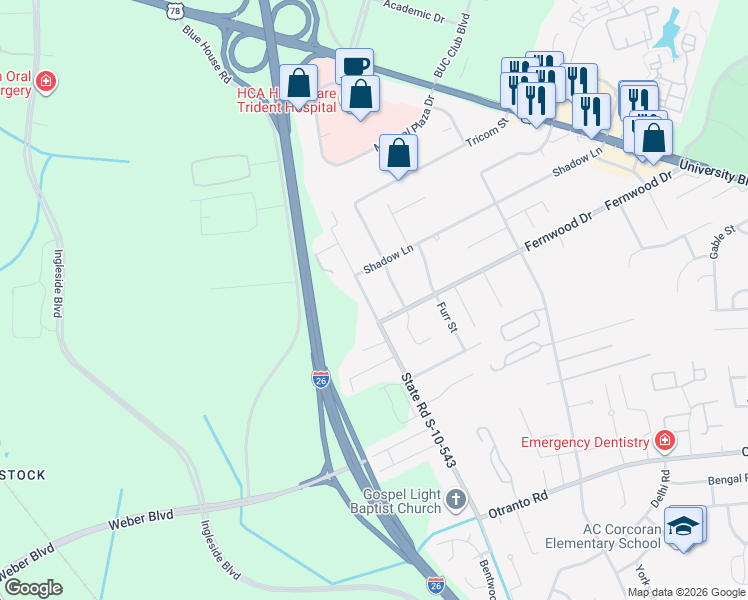 map of restaurants, bars, coffee shops, grocery stores, and more near 9052 Salamander Road in North Charleston