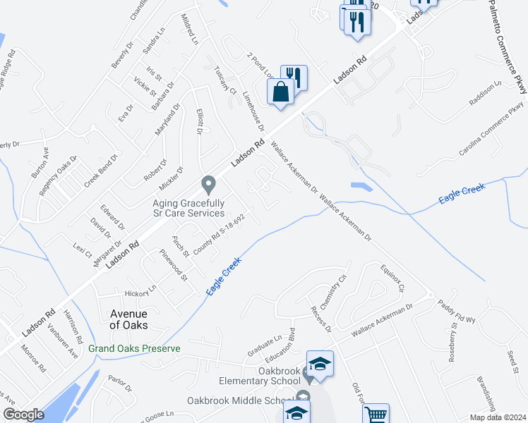 map of restaurants, bars, coffee shops, grocery stores, and more near 9605 Crosscut Drive in Ladson
