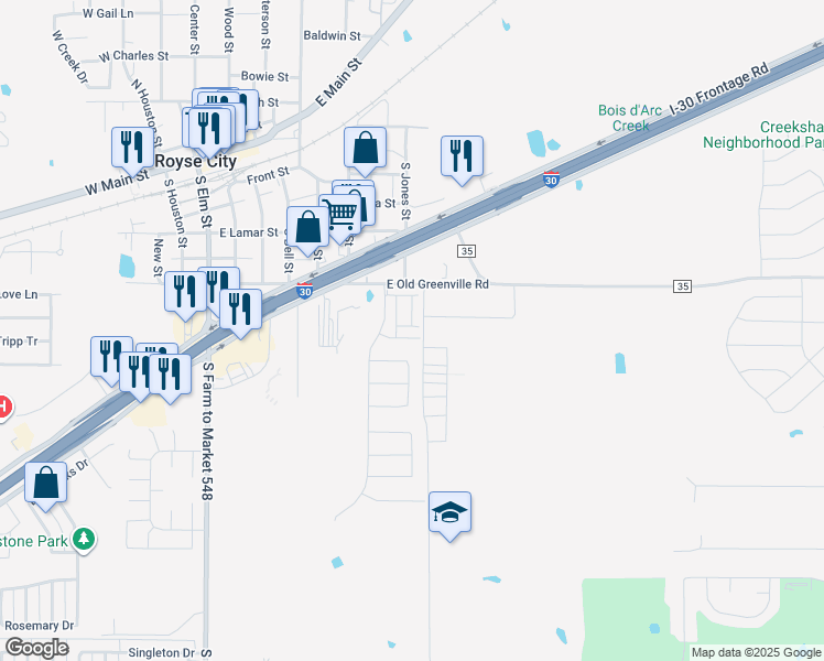 map of restaurants, bars, coffee shops, grocery stores, and more near 801 Joe Bailey Street in Royse City