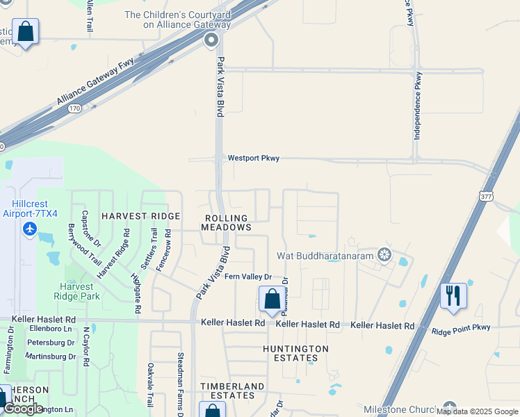map of restaurants, bars, coffee shops, grocery stores, and more near 13216 Alyssum Drive in Fort Worth