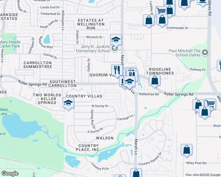 map of restaurants, bars, coffee shops, grocery stores, and more near 2840 Keller Springs Road in Carrollton