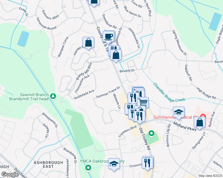 map of restaurants, bars, coffee shops, grocery stores, and more near 110 Summer Trace Drive in Summerville