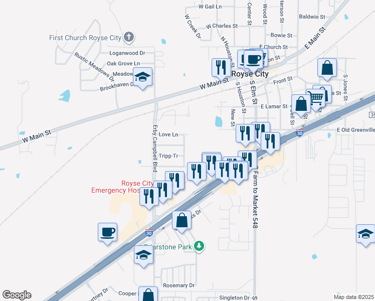 map of restaurants, bars, coffee shops, grocery stores, and more near 524 McKamy Boulevard in Royse City