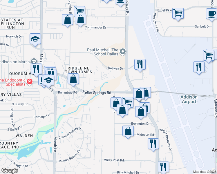 map of restaurants, bars, coffee shops, grocery stores, and more near 3225 Keller Springs Road in Carrollton