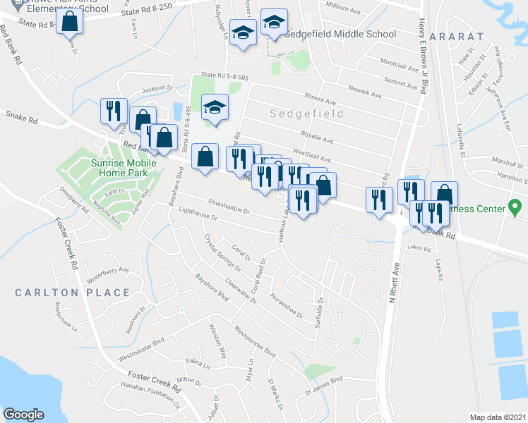 map of restaurants, bars, coffee shops, grocery stores, and more near 1110 Harbour Lake Drive in Goose Creek