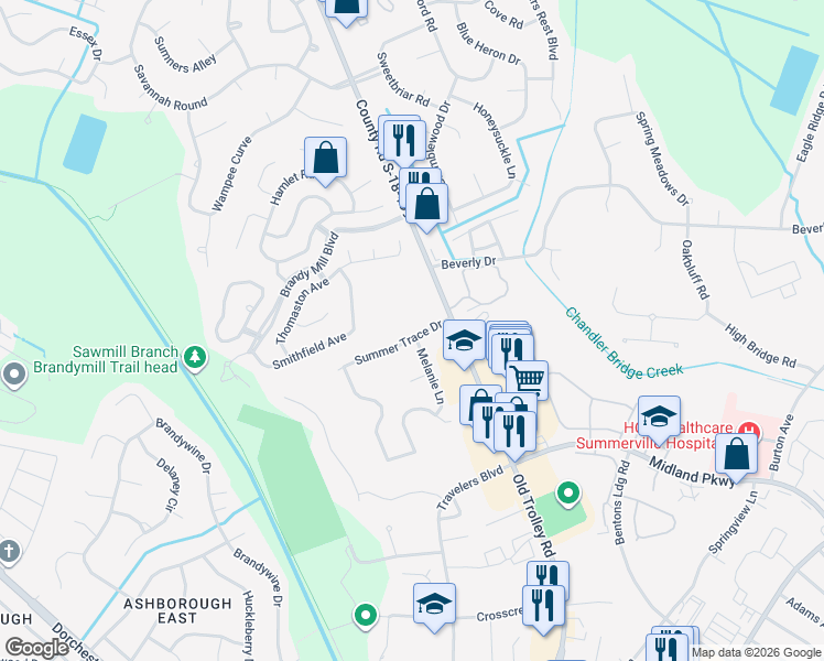 map of restaurants, bars, coffee shops, grocery stores, and more near 110 Summer Trace Drive in Summerville