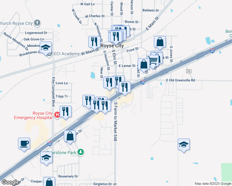 map of restaurants, bars, coffee shops, grocery stores, and more near in Fate