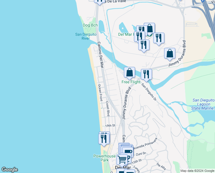 map of restaurants, bars, coffee shops, grocery stores, and more near 2435 Camino Del Mar in Del Mar
