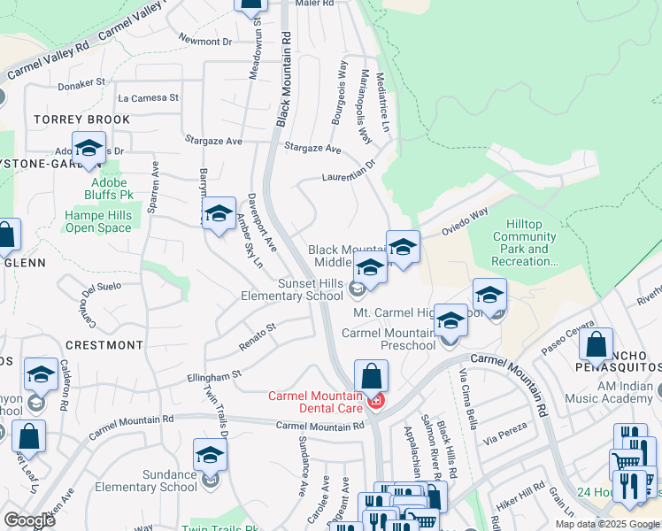 map of restaurants, bars, coffee shops, grocery stores, and more near 13850 Bruyere Court in San Diego